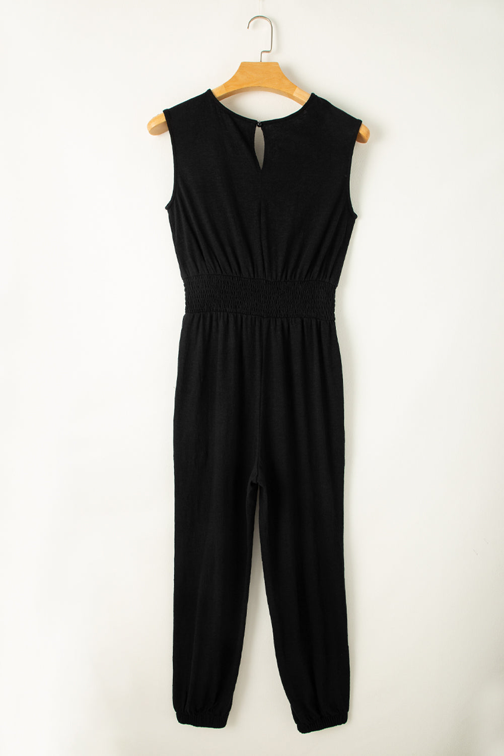 Black Shirred High Waist Sleeveless V Neck Jumpsuit-Bella Boutique Collective