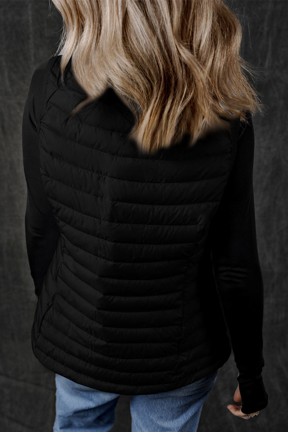 Black Plush Collared Quilted Zipped Puffer Vest-Bella Boutique Collective
