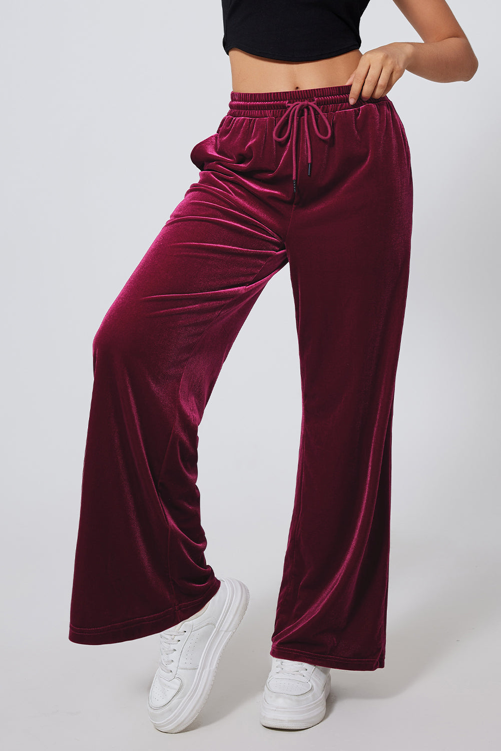 Burgundy Solid Drawstring Waist Wide Leg Pants-Bella Boutique Collective