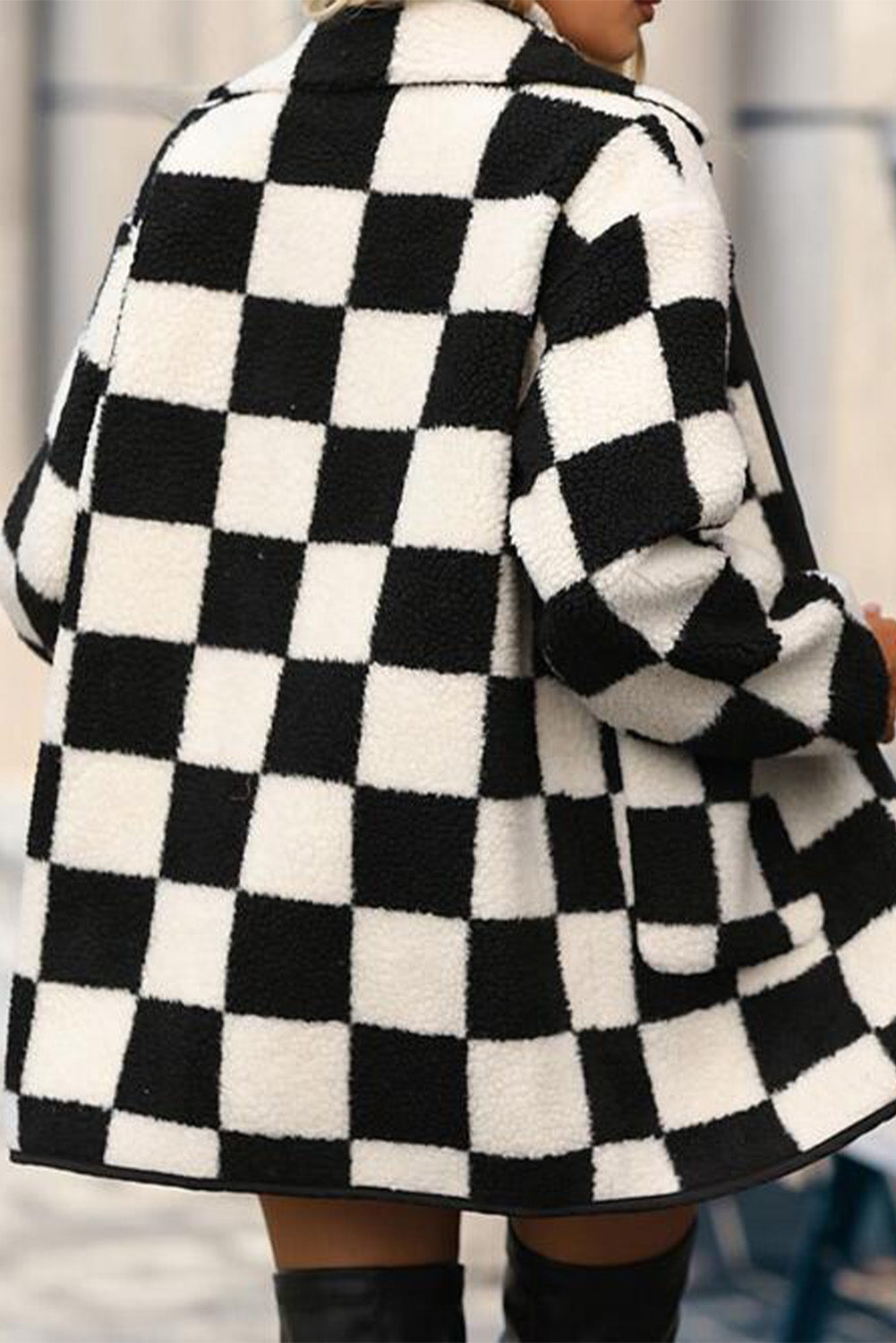Black Checkered Side Pockets Collared Buttoned Fleece Jacket-Bella Boutique Collective