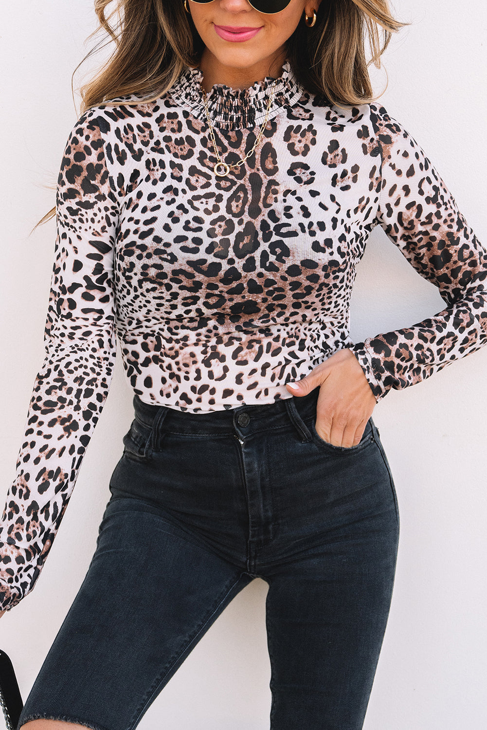 Brown Leopard Smocked Neck Mesh Long Sleeve Bodysuit-Bella Boutique Collective
