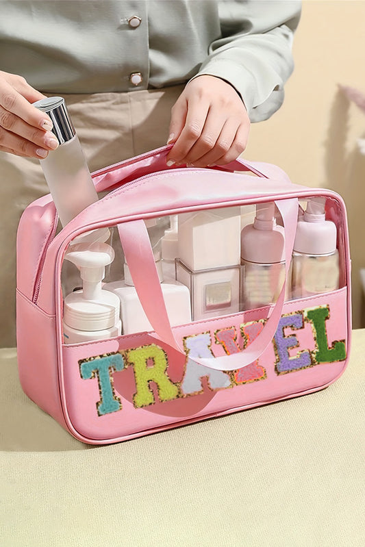 Light Pink TRAVEL Chenille Letter Clear PVC Makeup Bag-Bella Boutique Collective