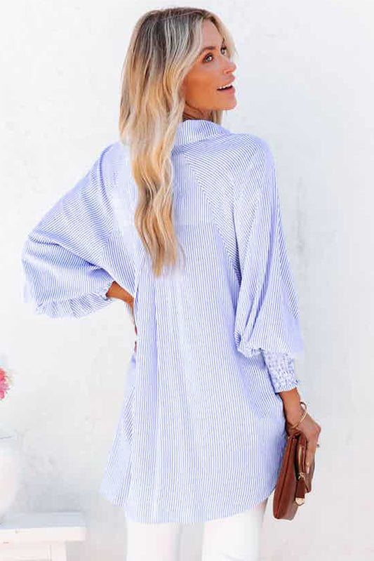Sky Blue Smocked Cuffed Striped Boyfriend Shirt with Pocket-Bella Boutique Collective