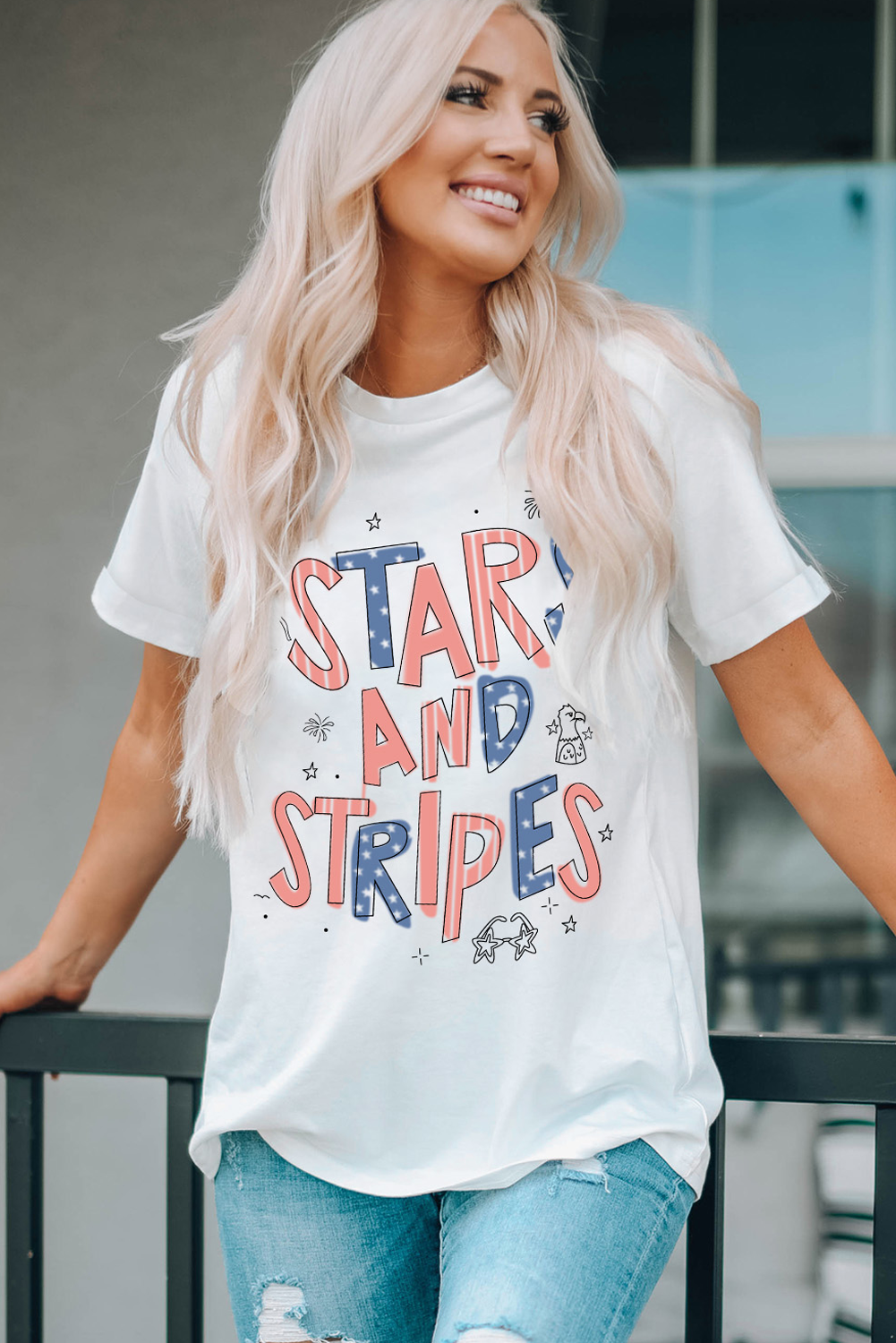 White STARS AND STRIPES Crew Neck Graphic Tee-Bella Boutique Collective