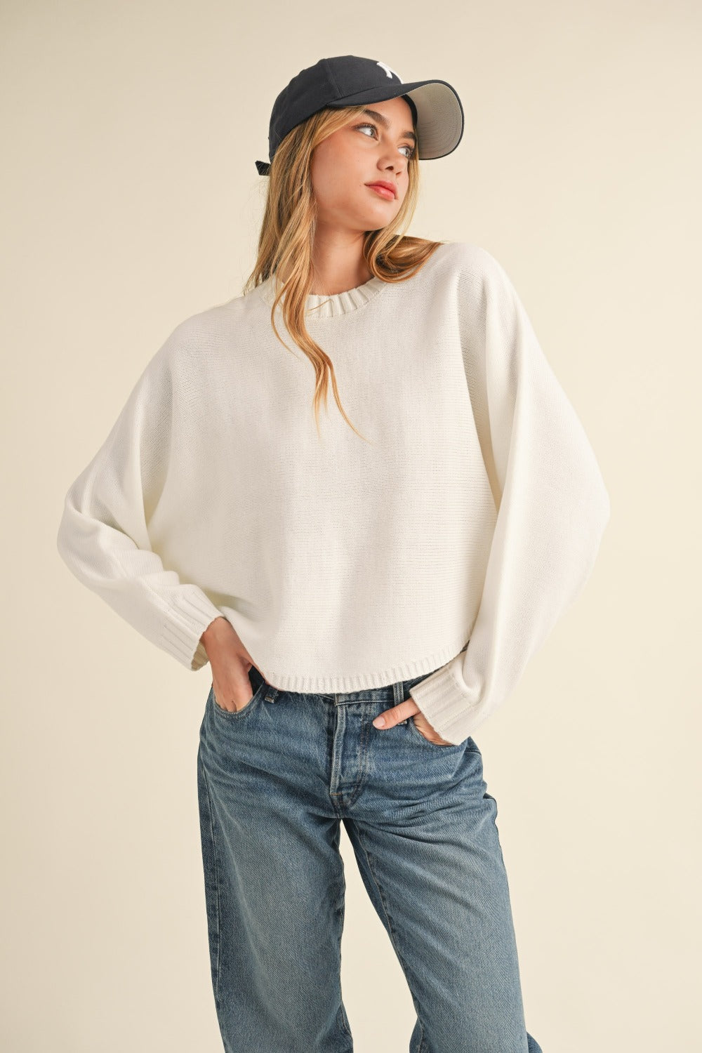 Mable Round Neck Dolman Sleeve Cropped Sweater-Bella Boutique Collective