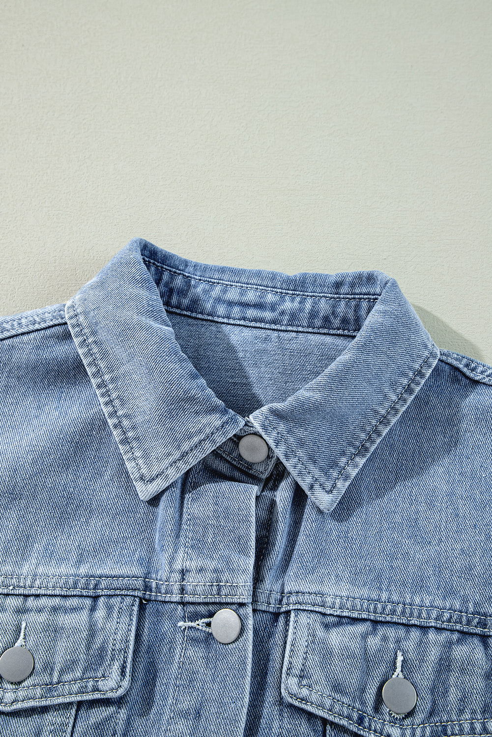 Beau Blue Ruffle Raw Hem Flap Pockets Denim Jacket-Bella Boutique Collective
