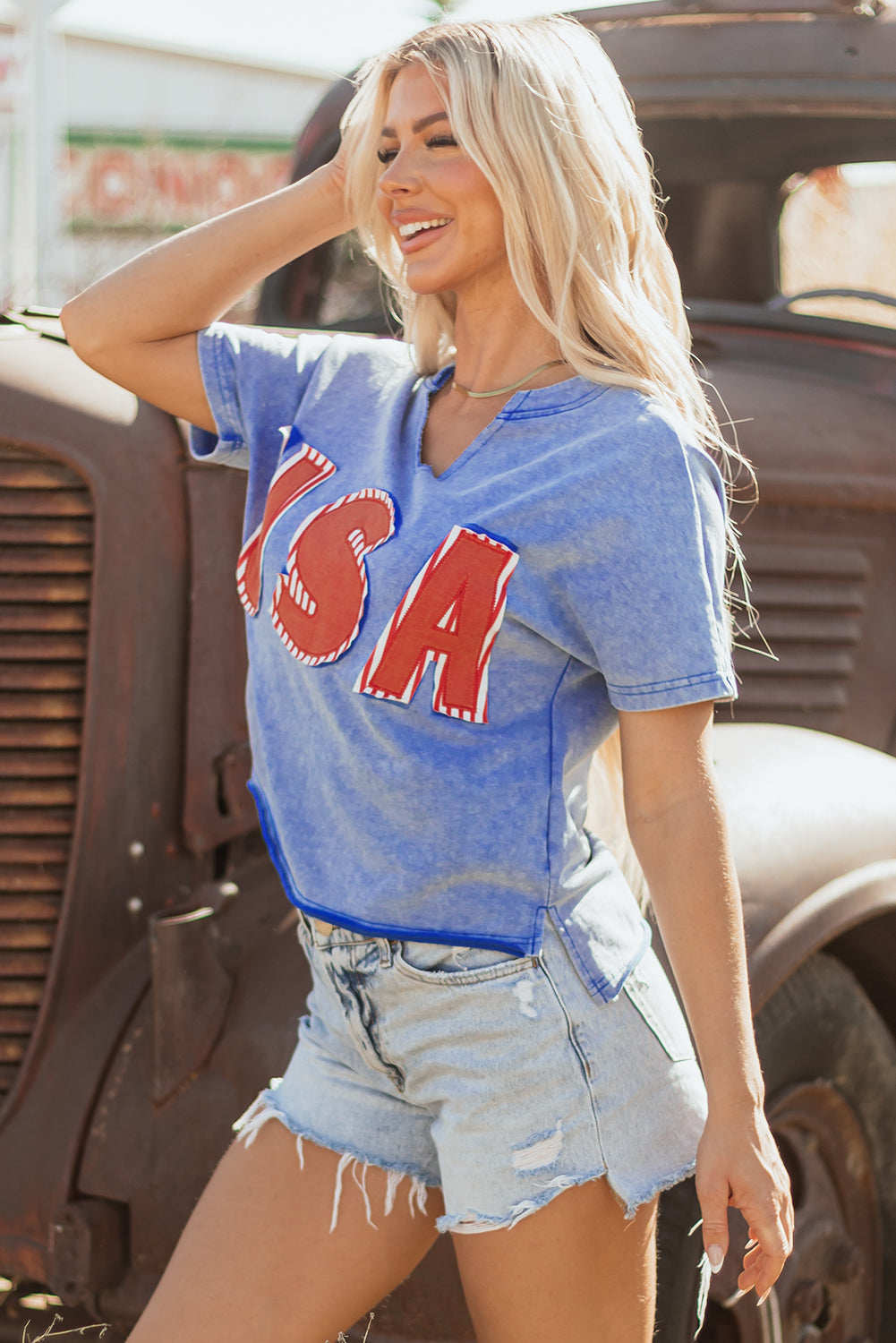 Sky Blue USA Patch Mineral Wash Notch V Neck Vintage Graphic T Shirt-Bella Boutique Collective