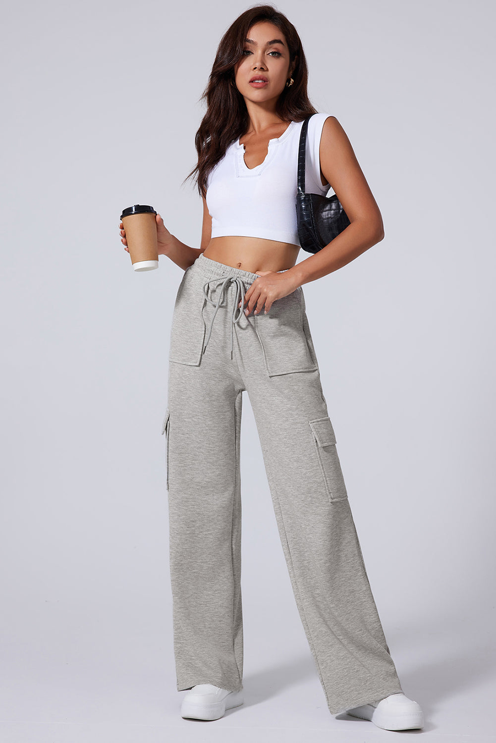 Light Grey Multi Pockets Lace-up High Waist Wide Leg Workout Pants-Bella Boutique Collective