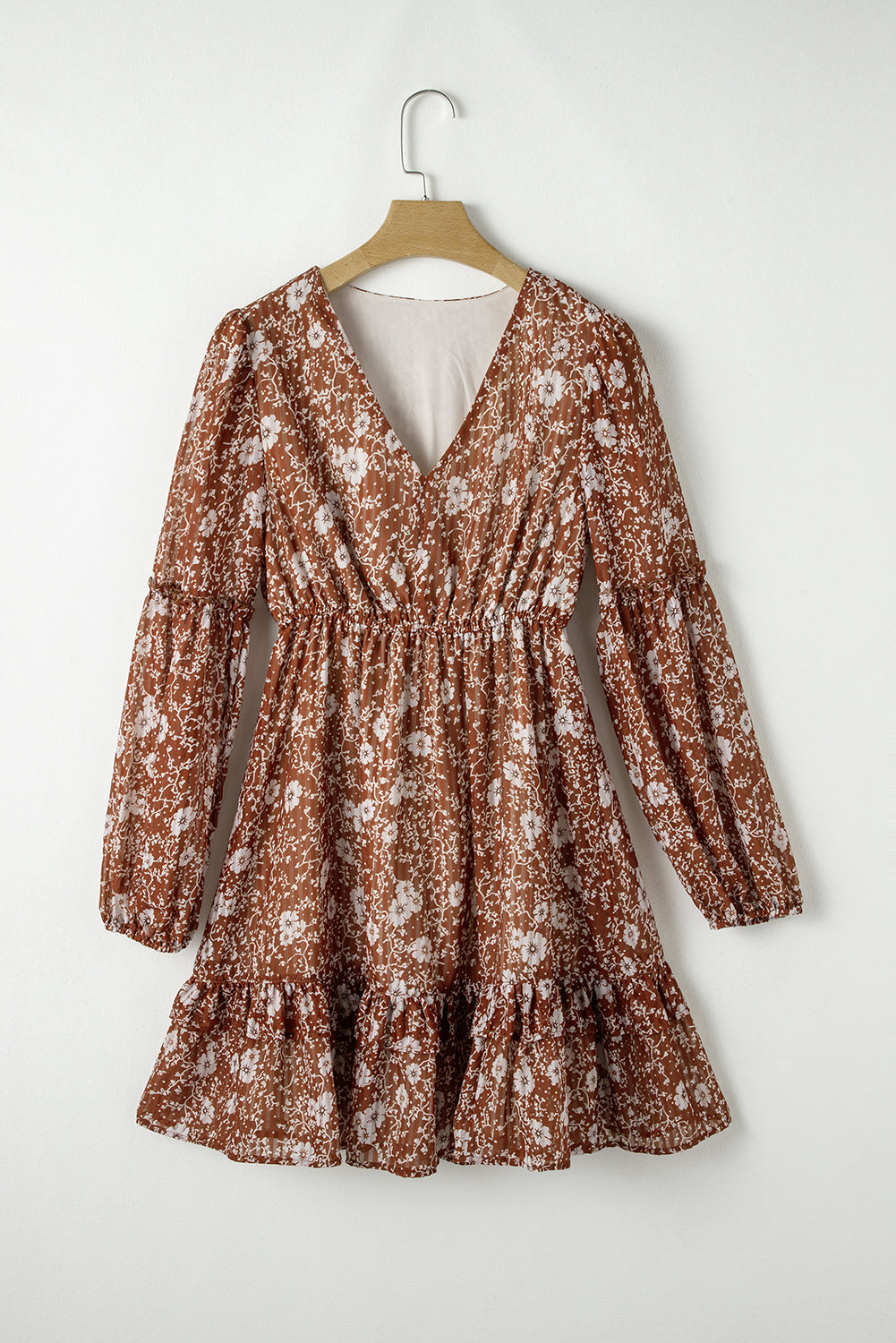 Brown Boho Floral Ruffled Puff Sleeve V Neck Mini Dress-Bella Boutique Collective