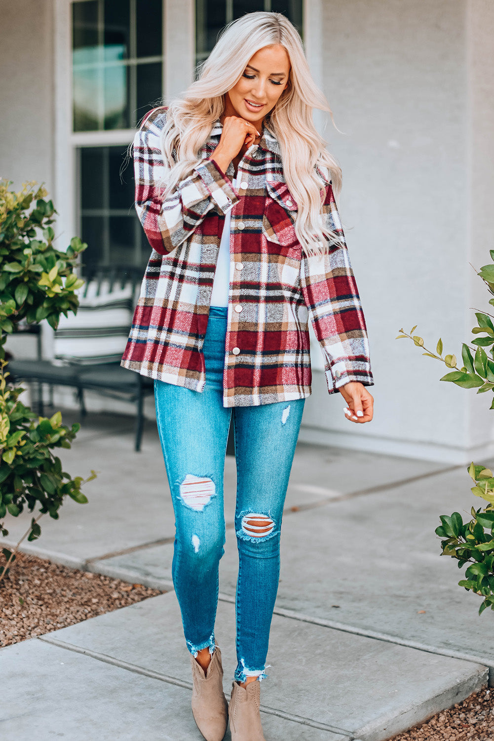 Fiery Red Geometric Plaid Print Pocketed Shacket-Bella Boutique Collective