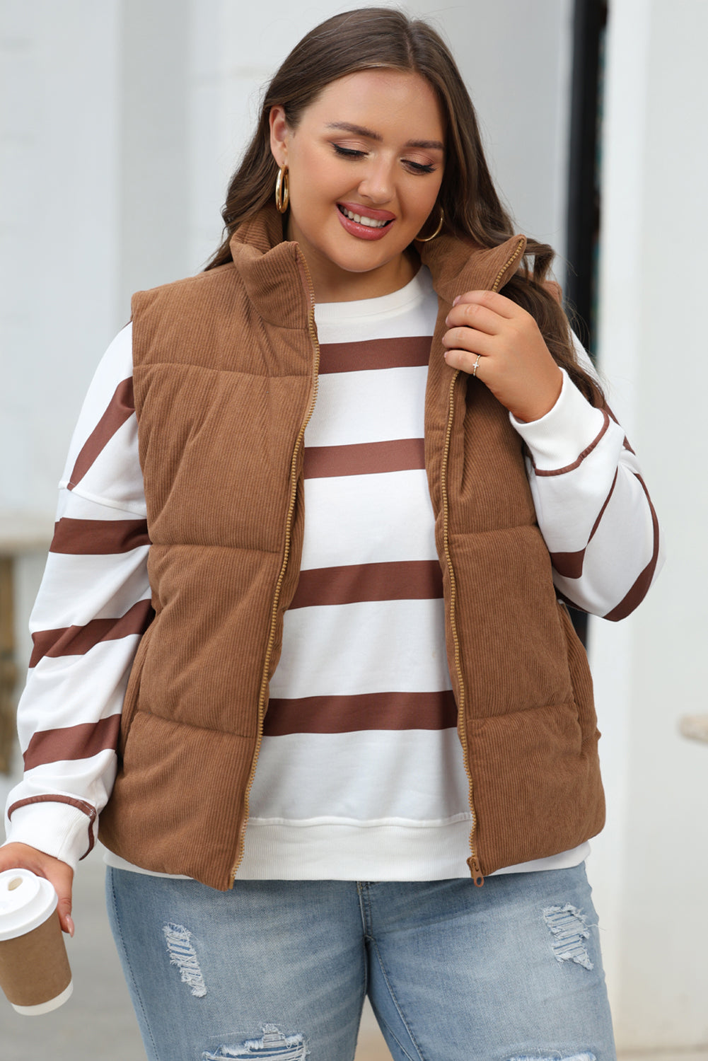 Coffee Corduroy Stand Neck Zipped Puffer Vest-Bella Boutique Collective
