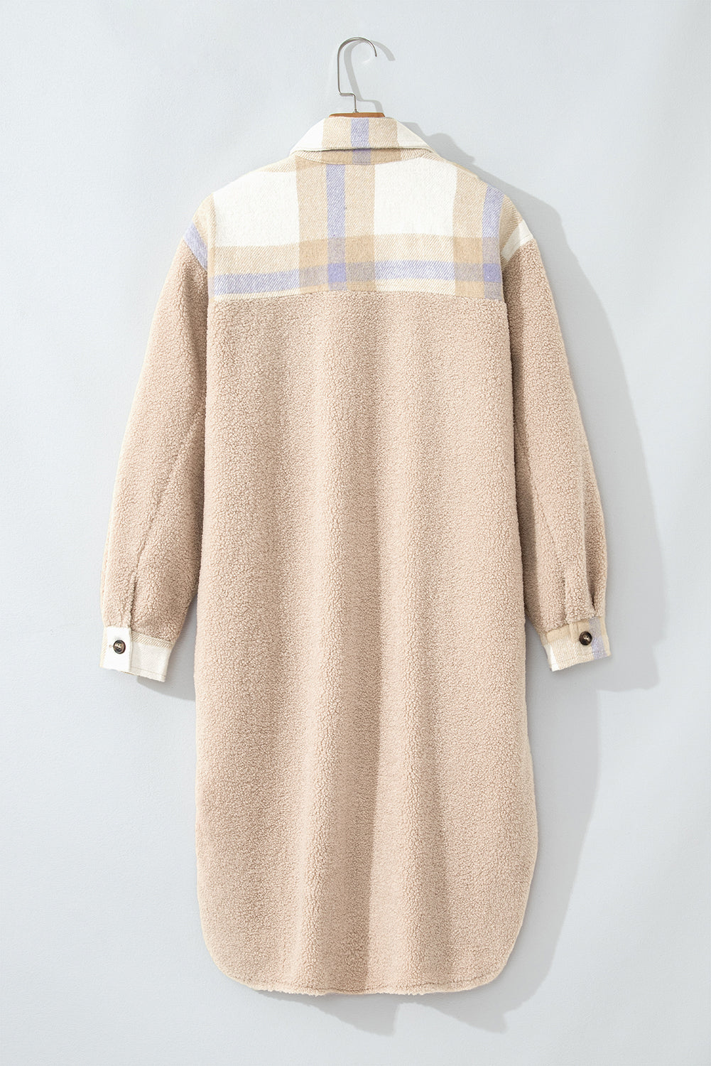 Smoke Gray Plaid Patchwork Collared Button-up Sherpa Long Coat-Bella Boutique Collective