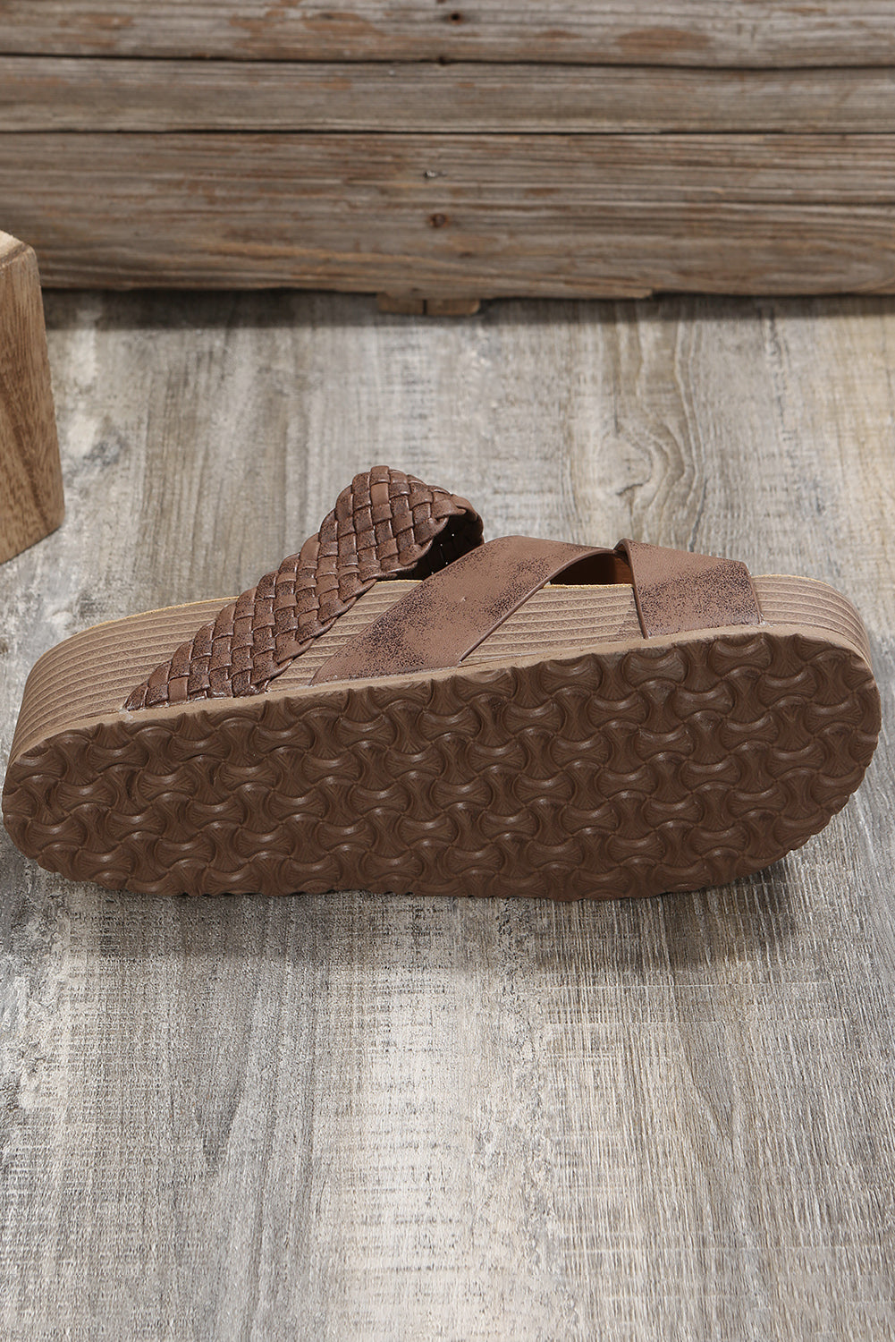 Brown Braided Detail Criss Cross Platform Slippers-Bella Boutique Collective