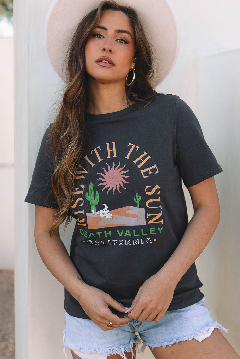 Dark Grey RISE WITH THE SUN Western Fashion Graphic Tee-Bella Boutique Collective