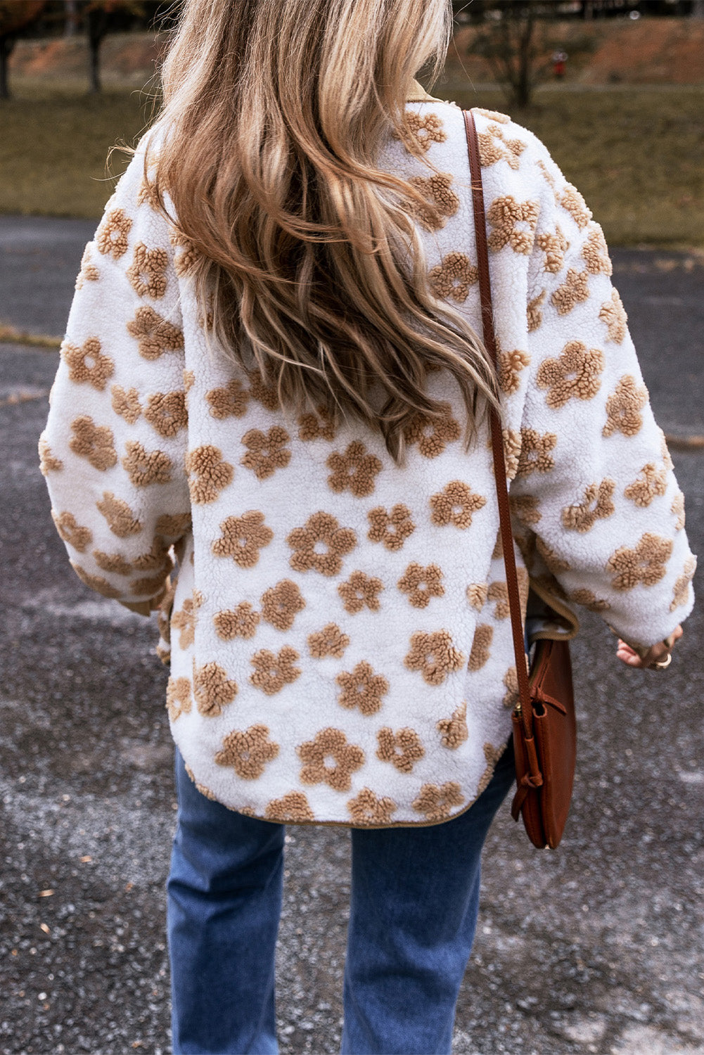 Light French Beige Cute Flower Pattern Button Up Fleece Jacket-Bella Boutique Collective
