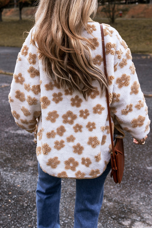 Light French Beige Cute Flower Pattern Button Up Fleece Jacket-Bella Boutique Collective