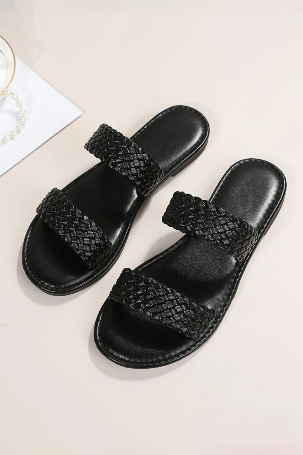 Black Braided Double Band Leathered Flat Slippers-Bella Boutique Collective