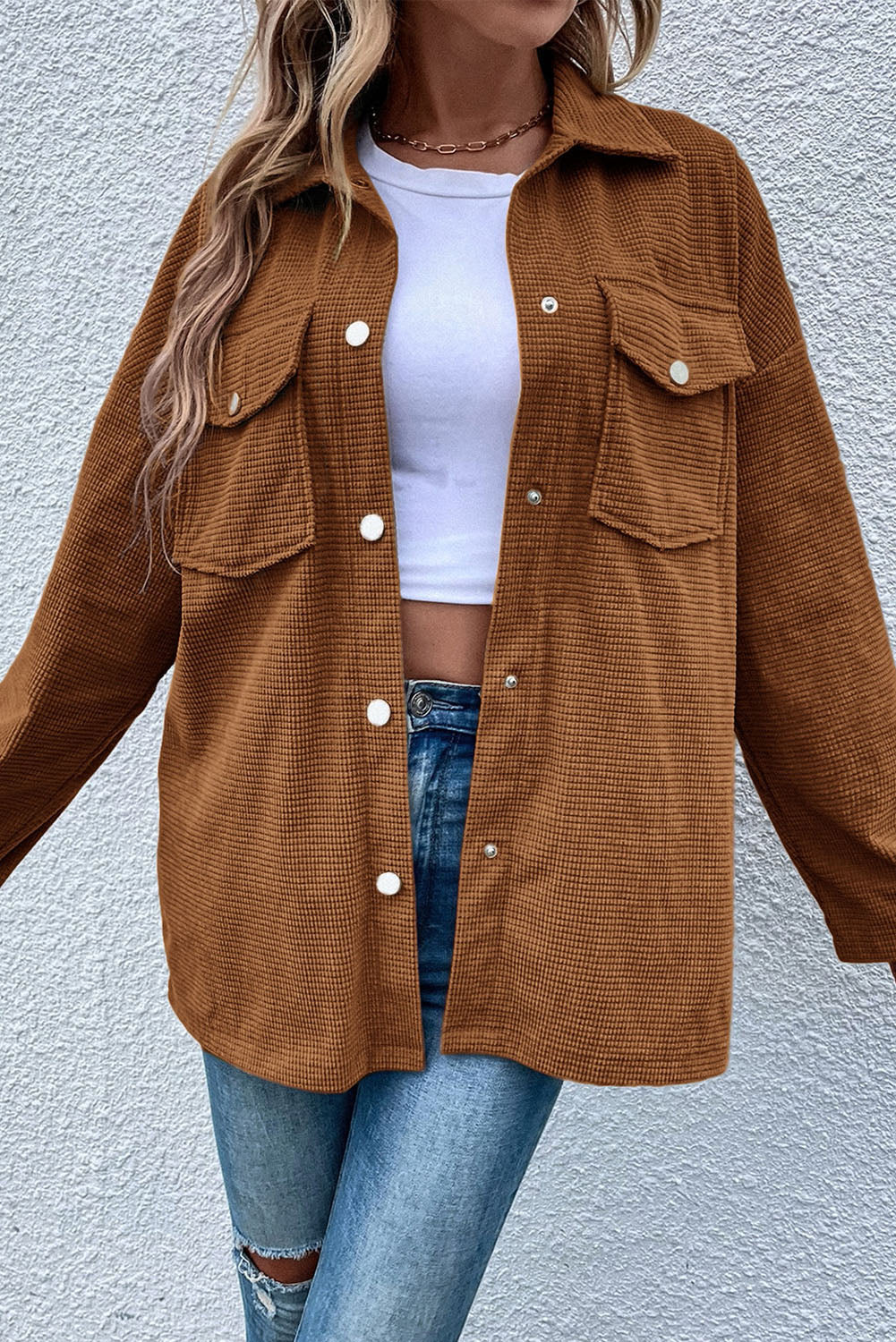 Brown Textured Flap Pocket Drop Shoulder Shacket-Bella Boutique Collective