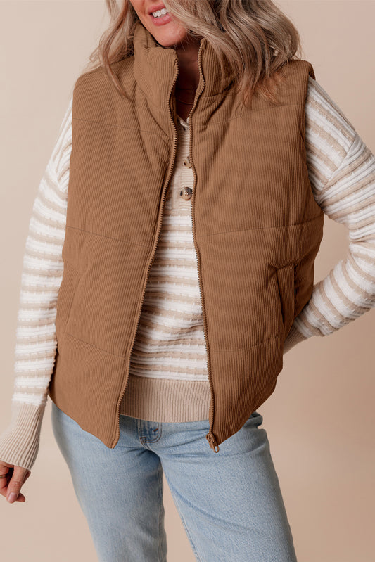 Coffee Corduroy Stand Neck Zipped Puffer Vest-Bella Boutique Collective