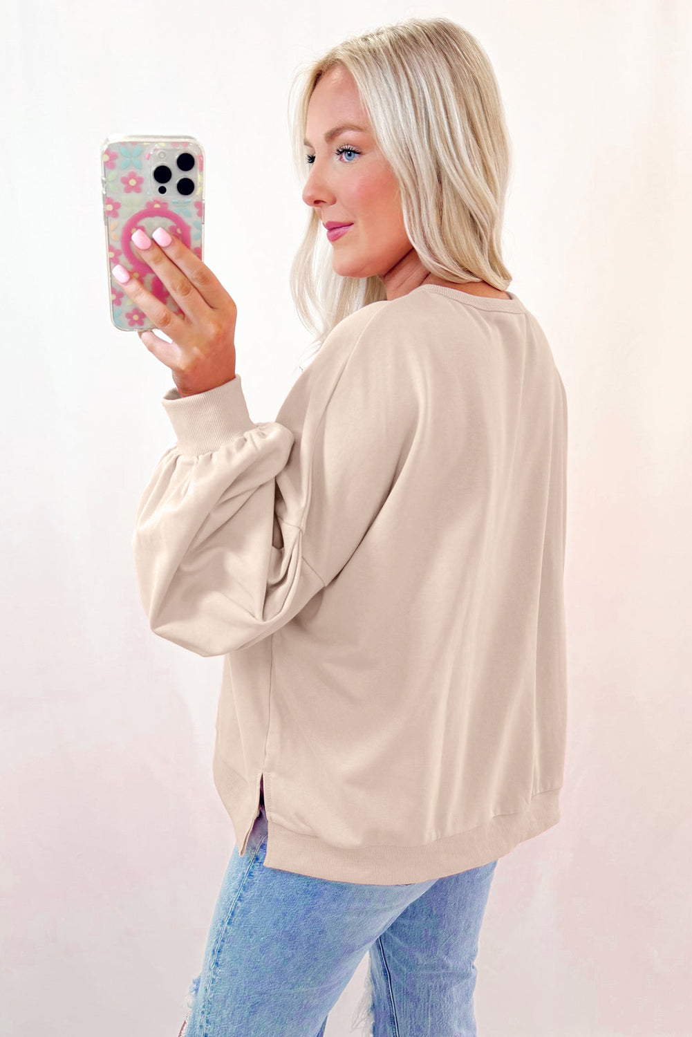 Parchment Embroidered Bow Lantern Sleeve Oversized Pullover Sweatshirt-Bella Boutique Collective
