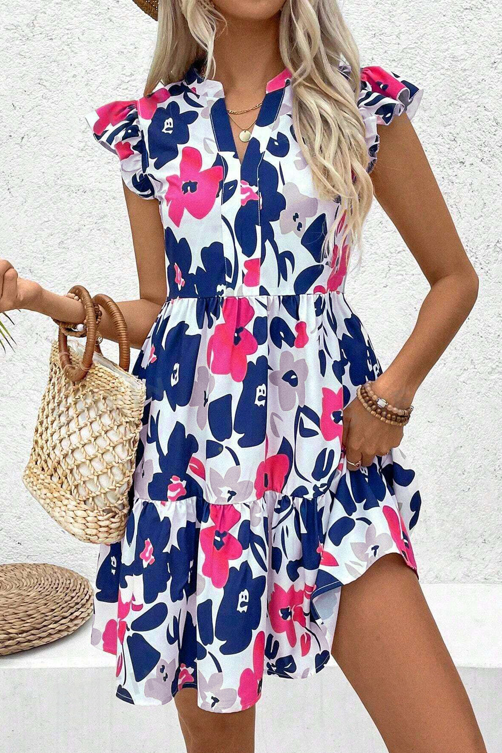 Fashion Floral Print Notched Neck Flutter Sleeve Mini Dress-Bella Boutique Collective