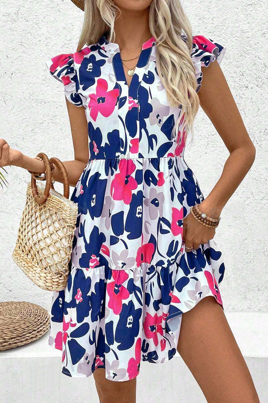 Fashion Floral Print Notched Neck Flutter Sleeve Mini Dress-Bella Boutique Collective
