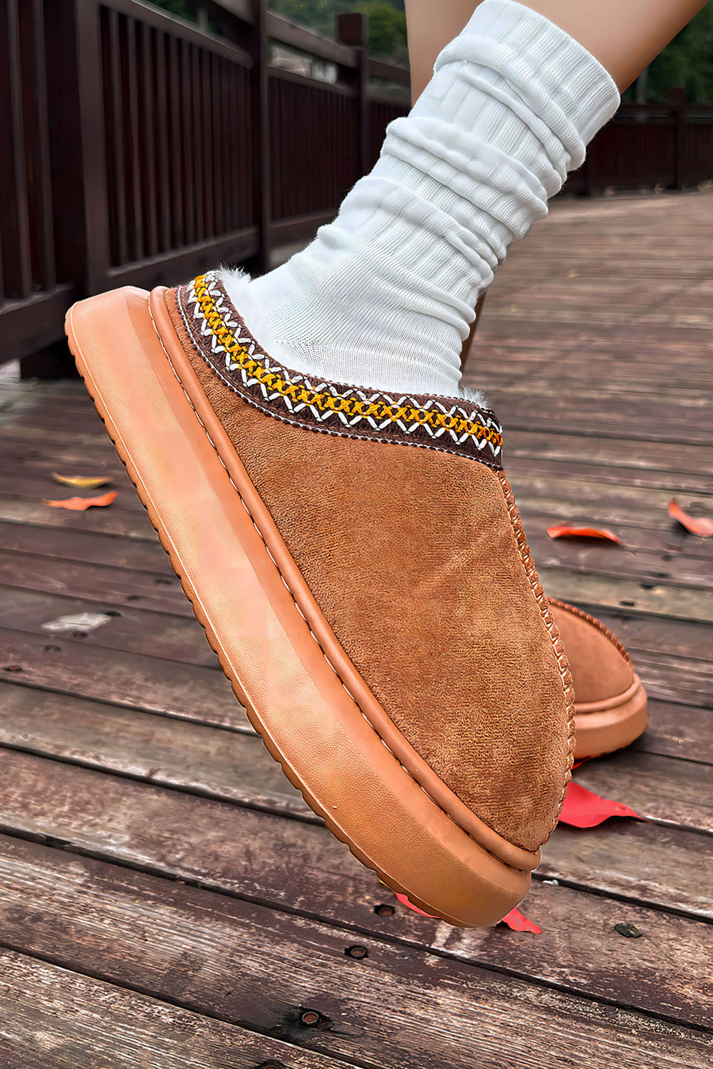 Chestnut Contrast Edge Suede Plush Lined Thick Sole Winter Slippers-Bella Boutique Collective