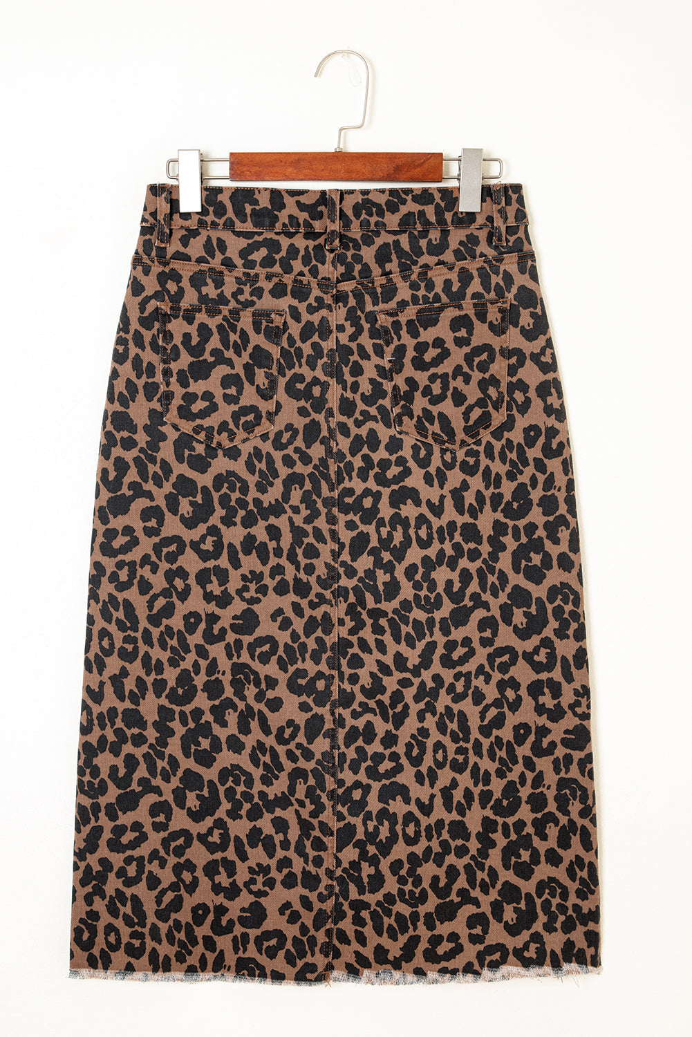 Brown Leopard Denim Frayed Split Denim Midi Skirt-Bella Boutique Collective