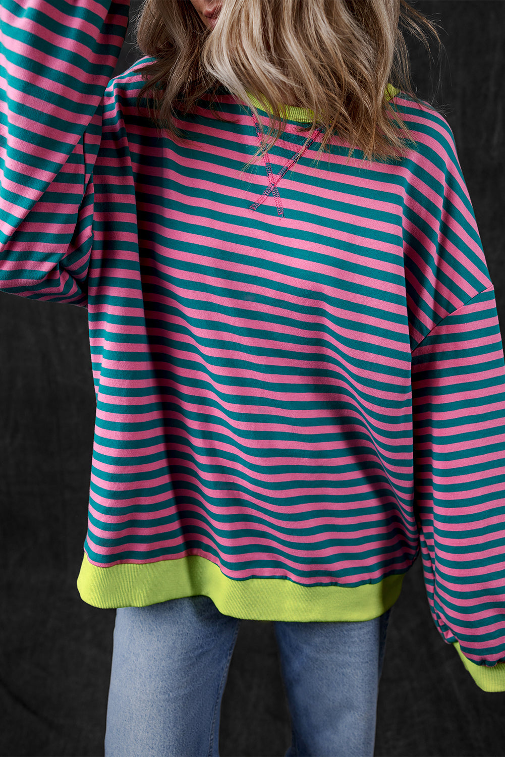 Green Stripe Oversized Contrast Trim Pullover Sweatshirt-Bella Boutique Collective