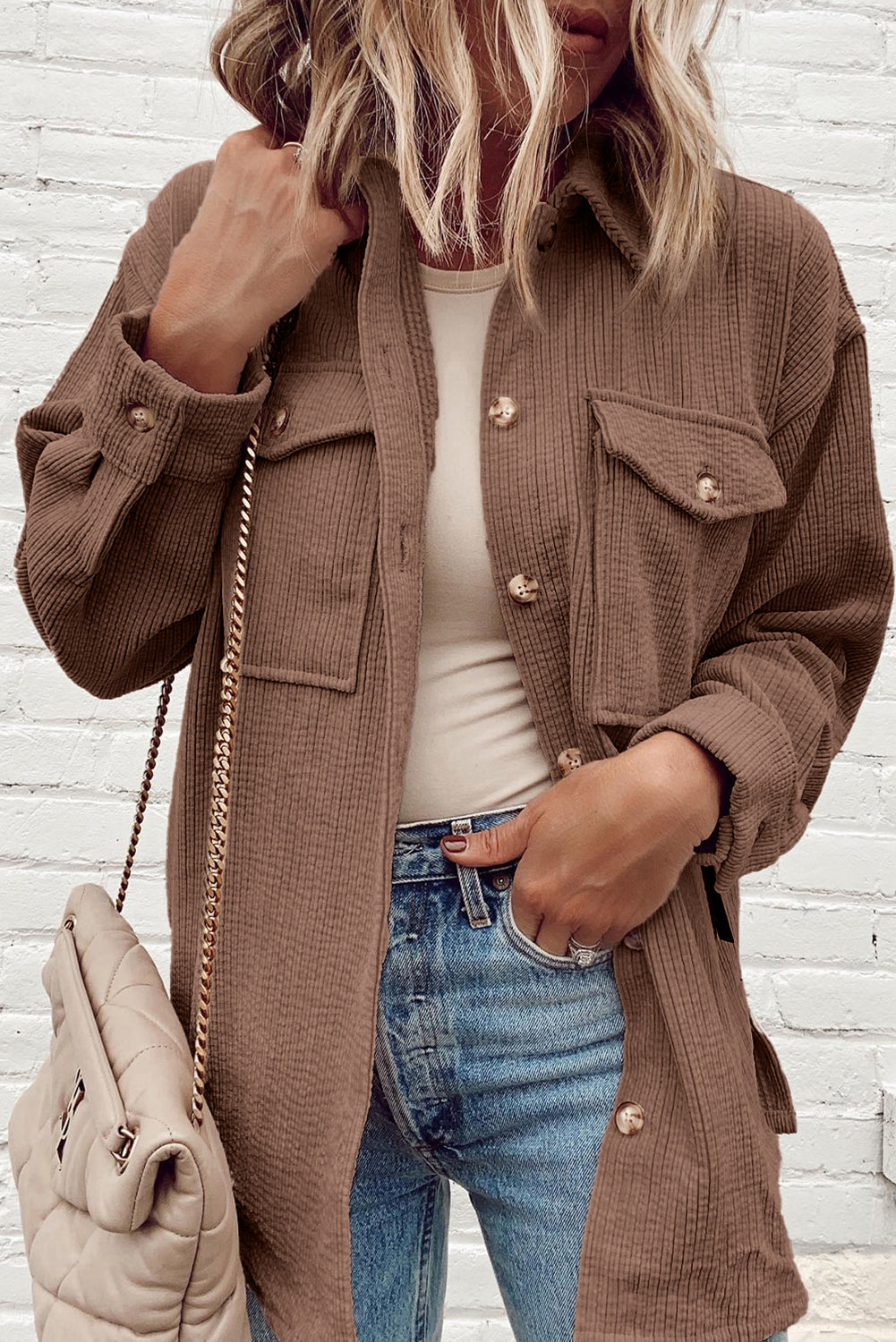 Chestnut Corduroy Flap Pocket Button Up Shacket-Bella Boutique Collective