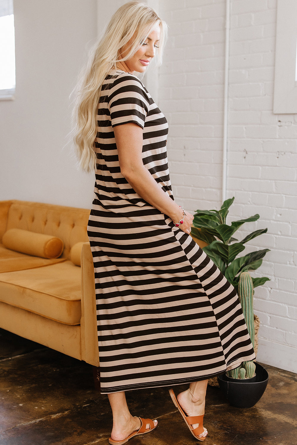 Black Stripe Casual Round Neck T-shirt Maxi Dress with Pockets-Bella Boutique Collective