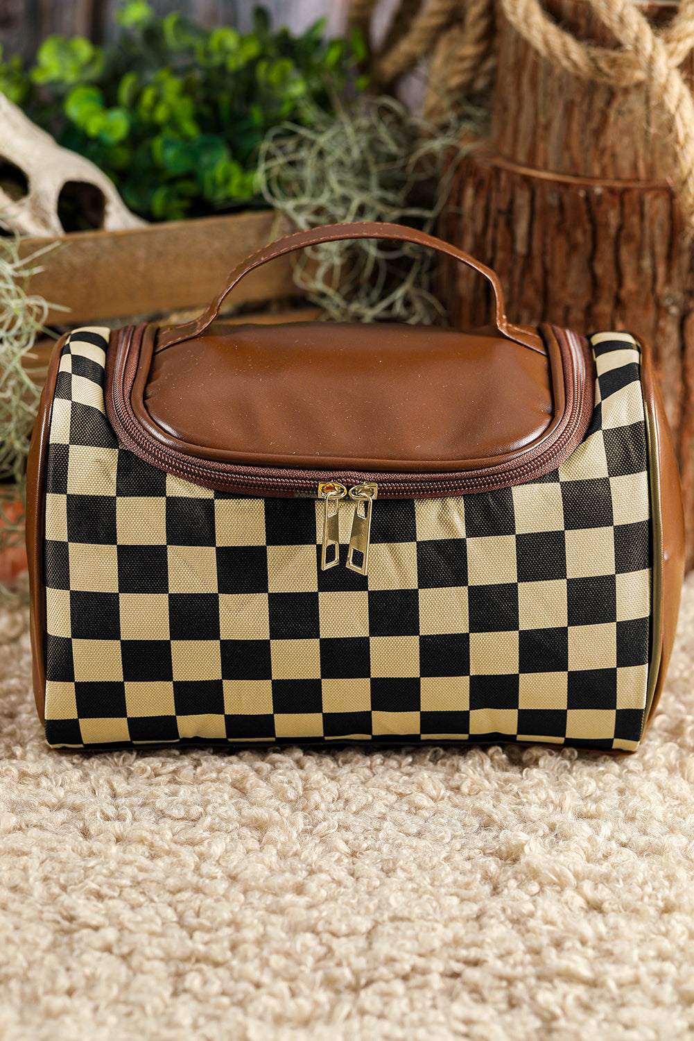 Black Checkered PU Leather Zipper Makeup Bag-Bella Boutique Collective