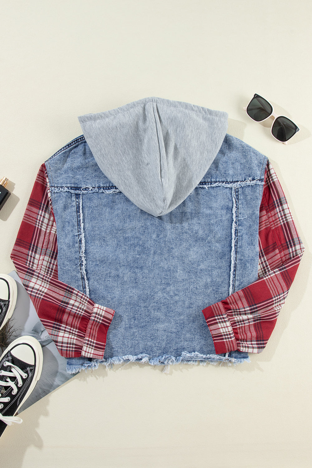 Beau Blue Plaid Print Patchwork Hooded Raw Hem Denim Jacket-Bella Boutique Collective