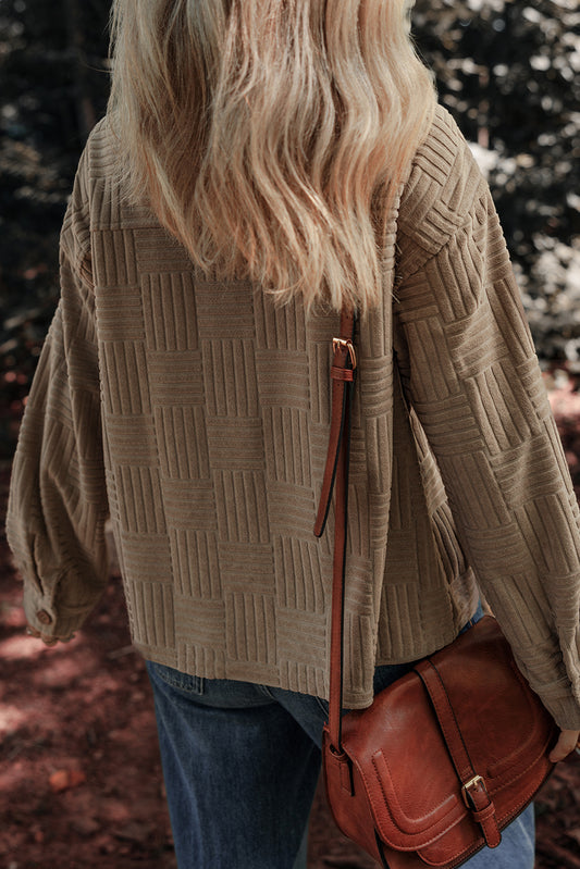 Dark Khaki Textured Chest Pocket Button-up Shacket-Bella Boutique Collective