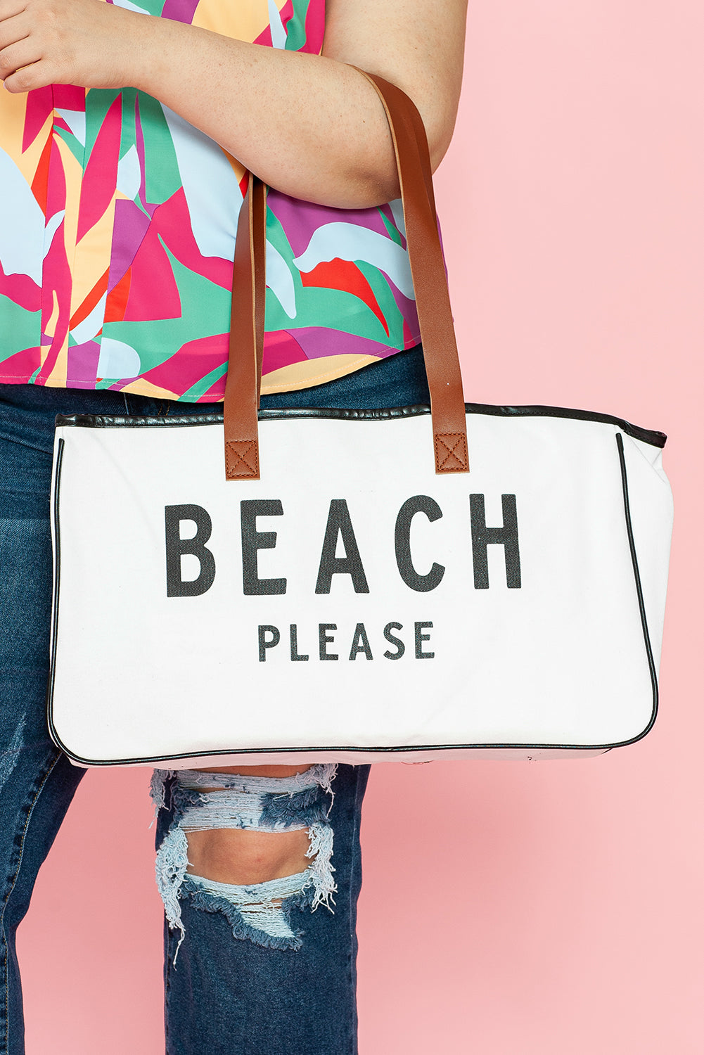 White BEACH PLEASE Print Large Canvas Tote Bag-Bella Boutique Collective