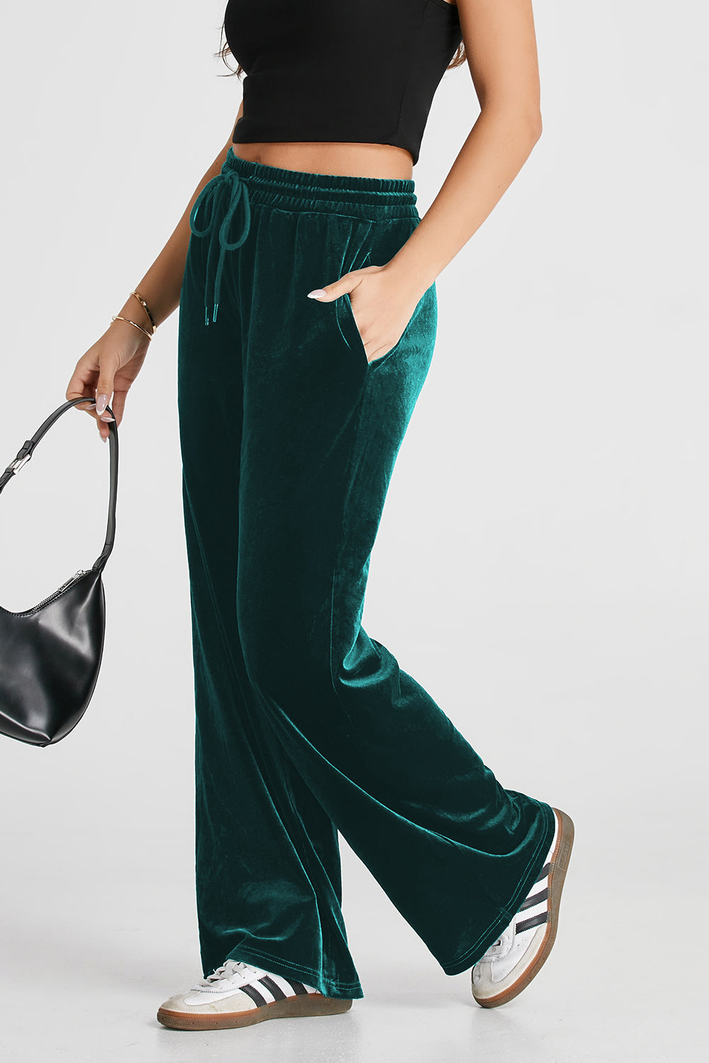 Evergreen Solid Drawstring Waist Wide Leg Pants-Bella Boutique Collective