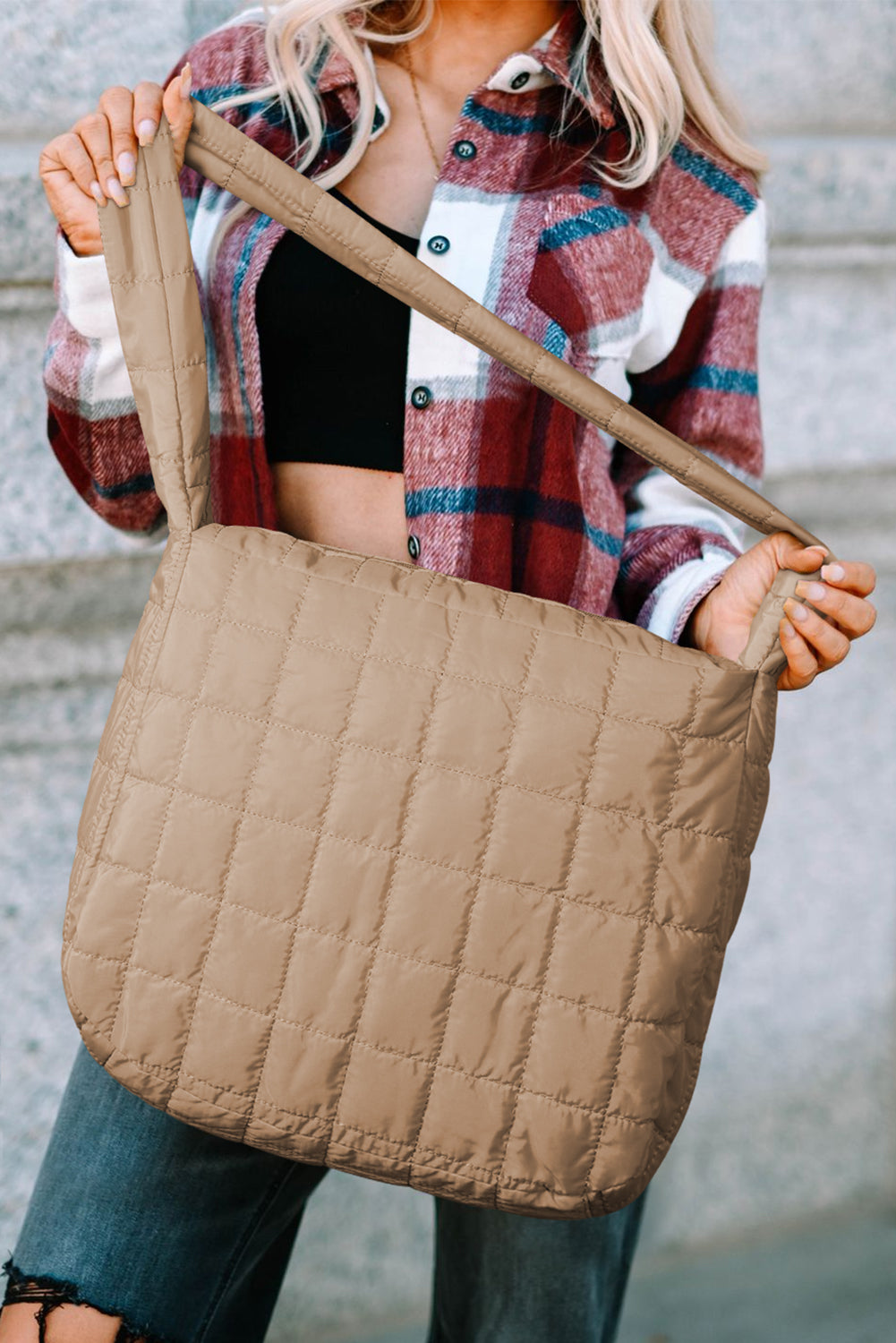 Light French Beige Quilted Zipper Large Shoulder Bag-Bella Boutique Collective