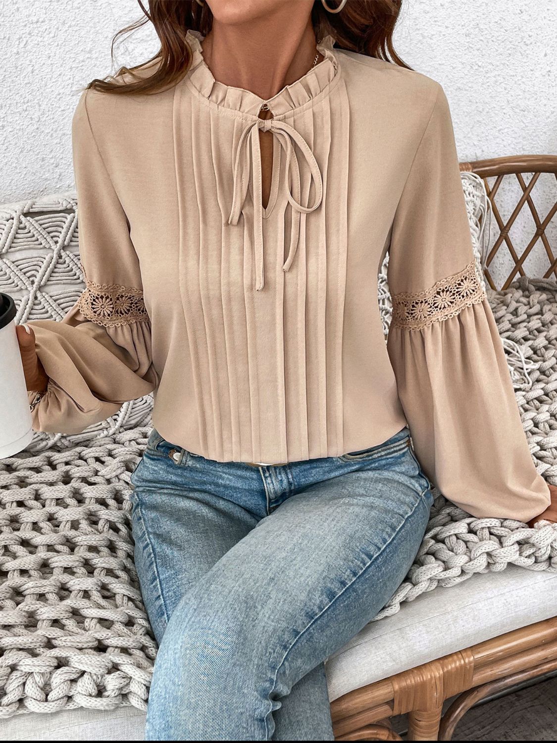 Perfee Frill Tie Neck Long Sleeve Blouse-Bella Boutique Collective