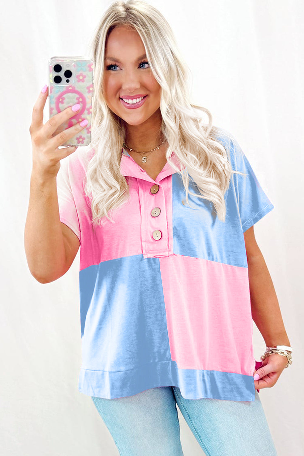 Myosotis Two Tone Half Buttons Collared T Shirt-Bella Boutique Collective