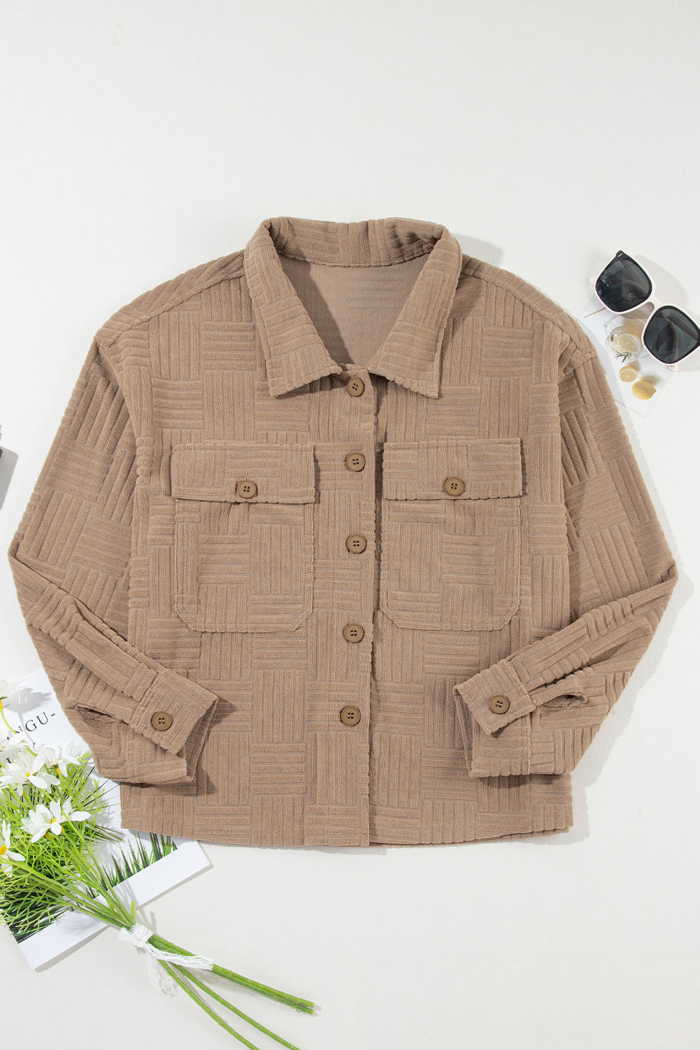 Dark Khaki Textured Chest Pocket Button-up Shacket-Bella Boutique Collective