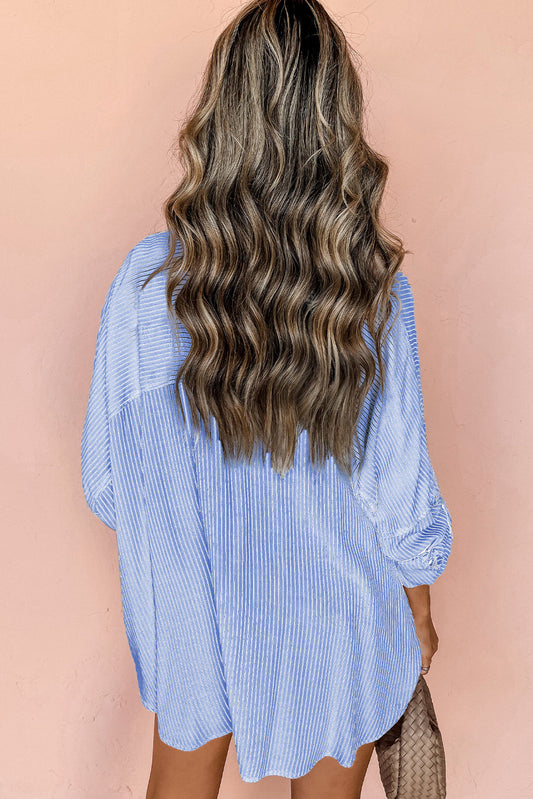 Sky Blue Stripe Roll-tab Sleeve Pocketed Long Shirt-Bella Boutique Collective