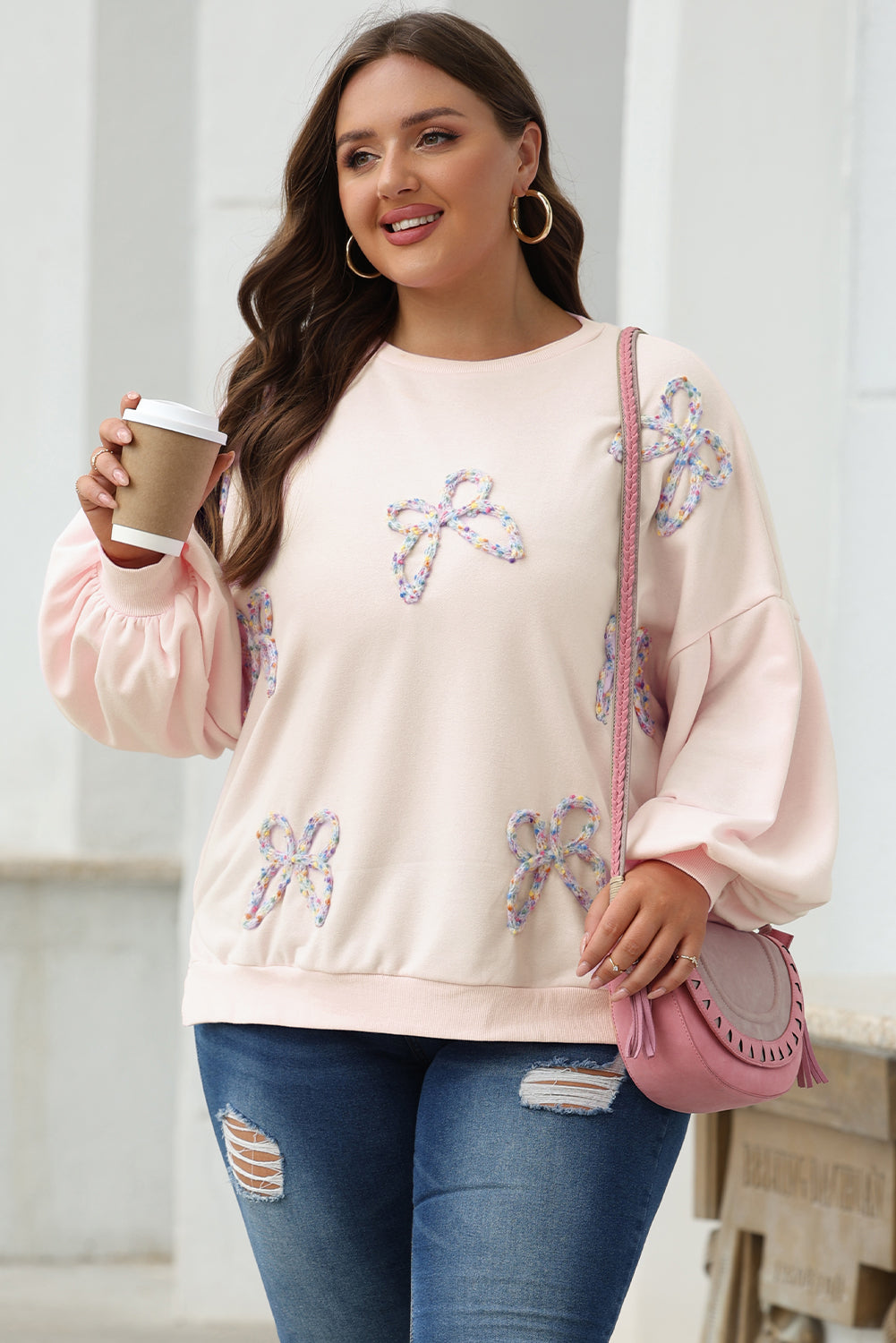 Parchment Embroidered Bow Lantern Sleeve Oversized Pullover Sweatshirt-Bella Boutique Collective