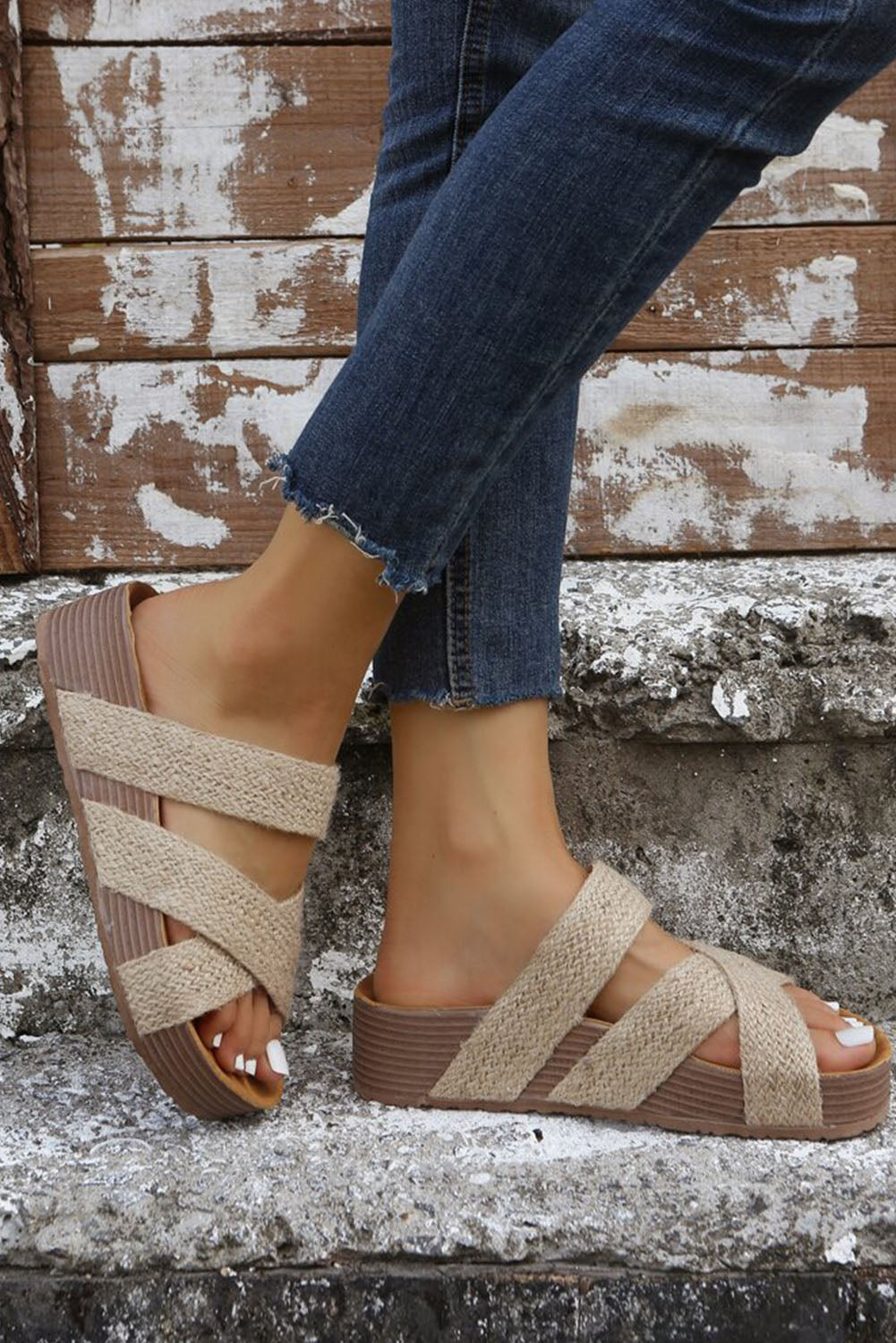 Beige Woven Cross Criss Hollowed Slip-On Slippers-Bella Boutique Collective