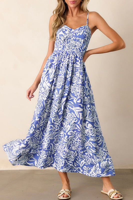 Sky Blue Floral Print Spaghetti Strap High Waist Maxi Dress-Bella Boutique Collective