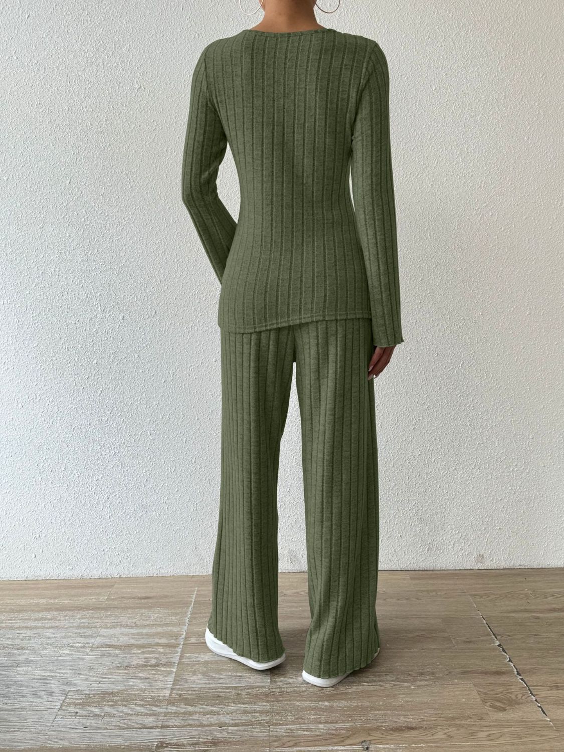 Ribbed V-Neck Long Sleeve Top and Pocketed Pants Set-Bella Boutique Collective