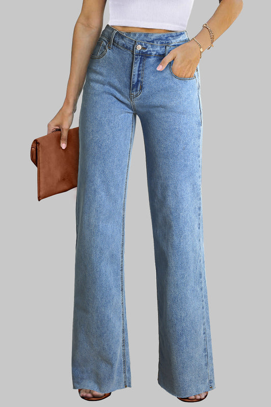 Blue Mid Rise Asymmetrical Waist Wide Leg Jeans-Bella Boutique Collective