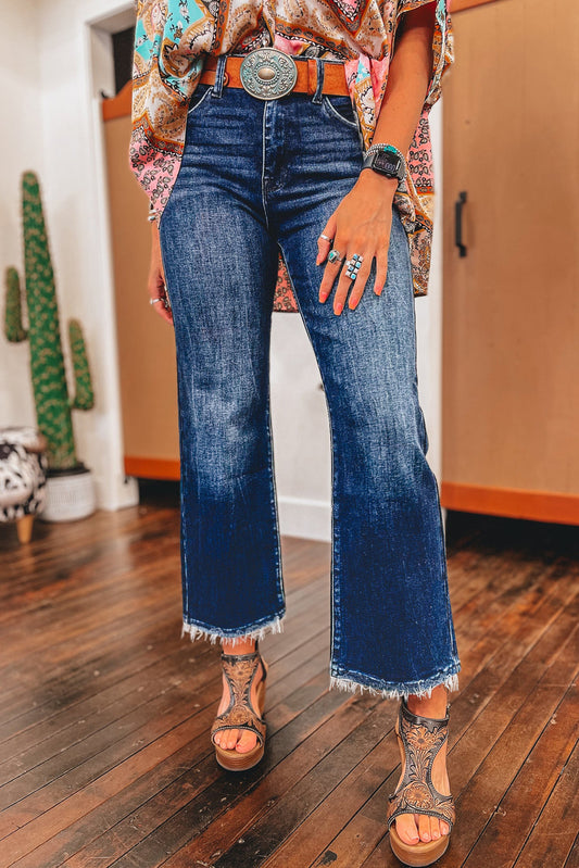 Sail Blue Mineral Wash Raw Hem High Waist Flared Jeans-Bella Boutique Collective