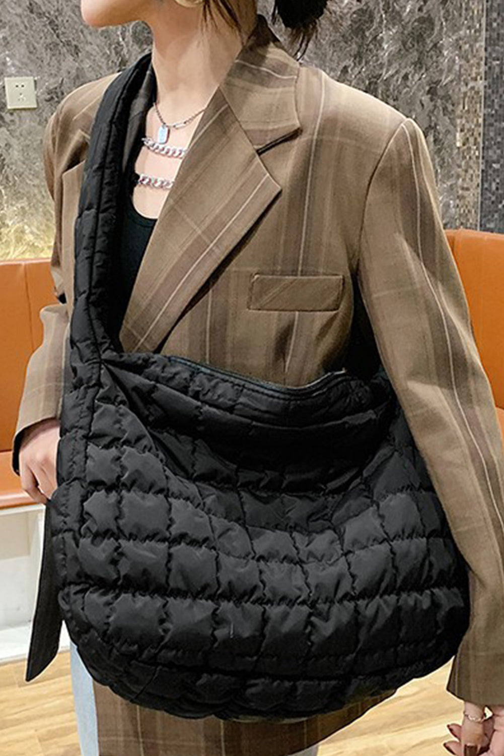 Black Quilted Zipper Large Shoulder Bag-Bella Boutique Collective
