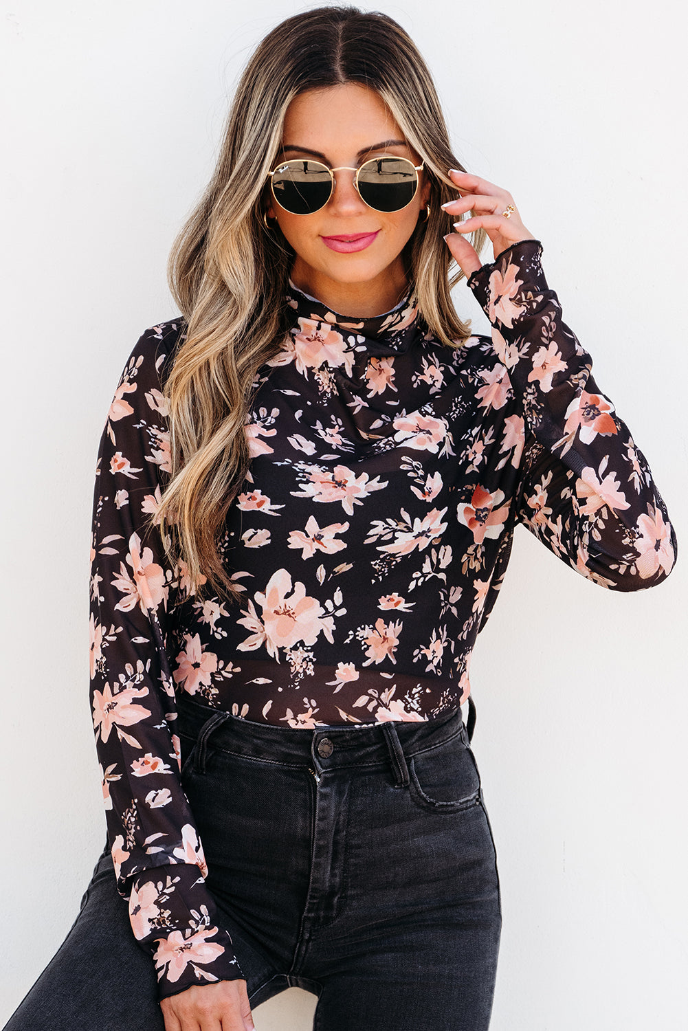 Black Floral Mesh Mock Neck Long Sleeve Slim Fit Top-Bella Boutique Collective