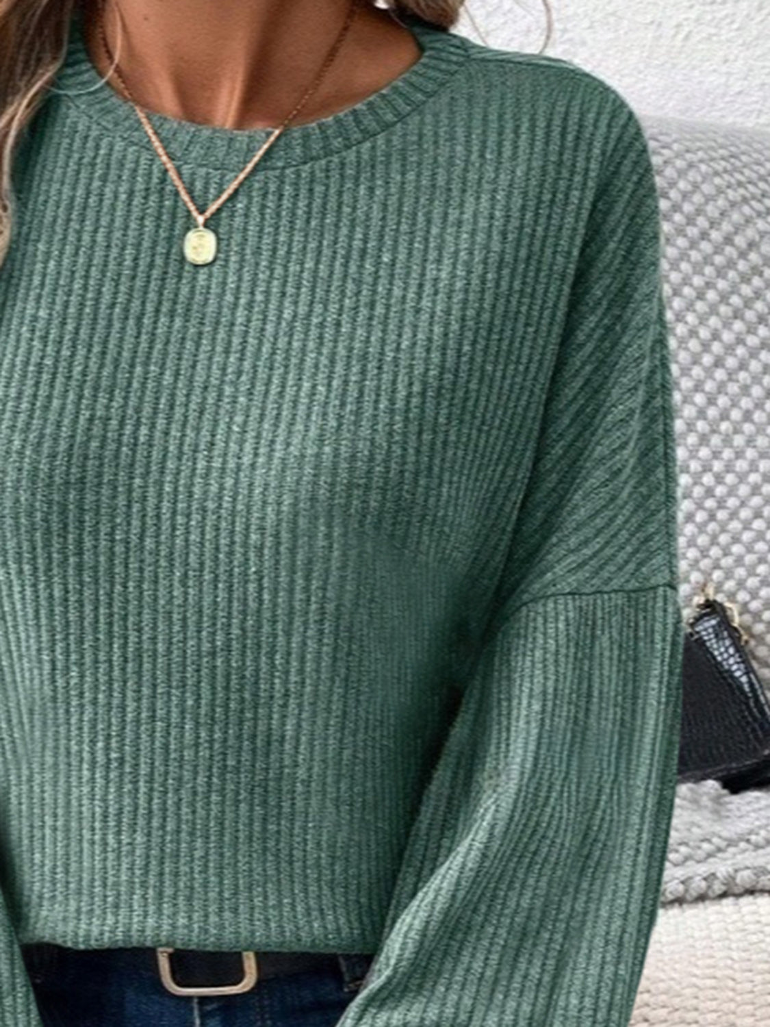 Ribbed Round Neck Lantern Sleeve T-Shirt-Bella Boutique Collective